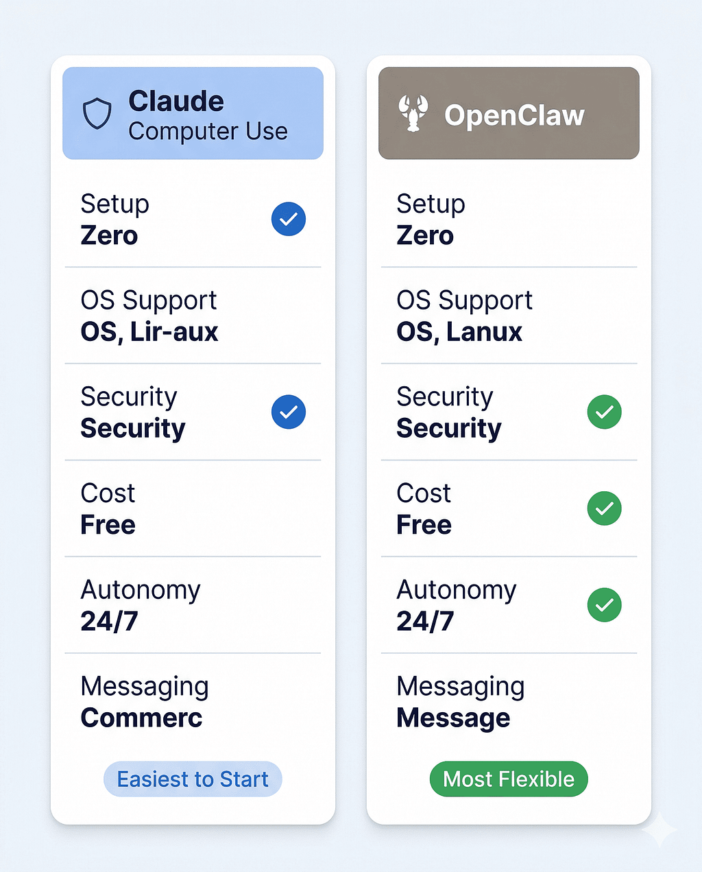 Claude computer use vs OpenClaw side-by-side comparison — setup, OS support, security model, cost, autonomy, and messaging platform differences for 2026