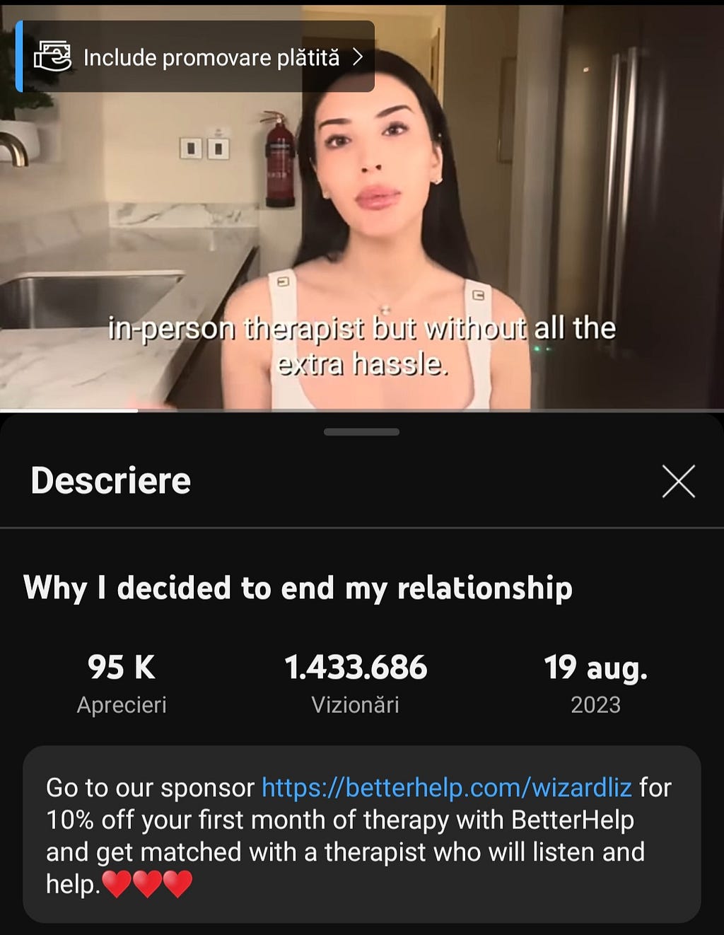 Screenshot of wellness influencer WizardLiz and one of her sponsored Youtube videos by BetterHelp. In the description she promotes BetterHelp therapy service with her discount code