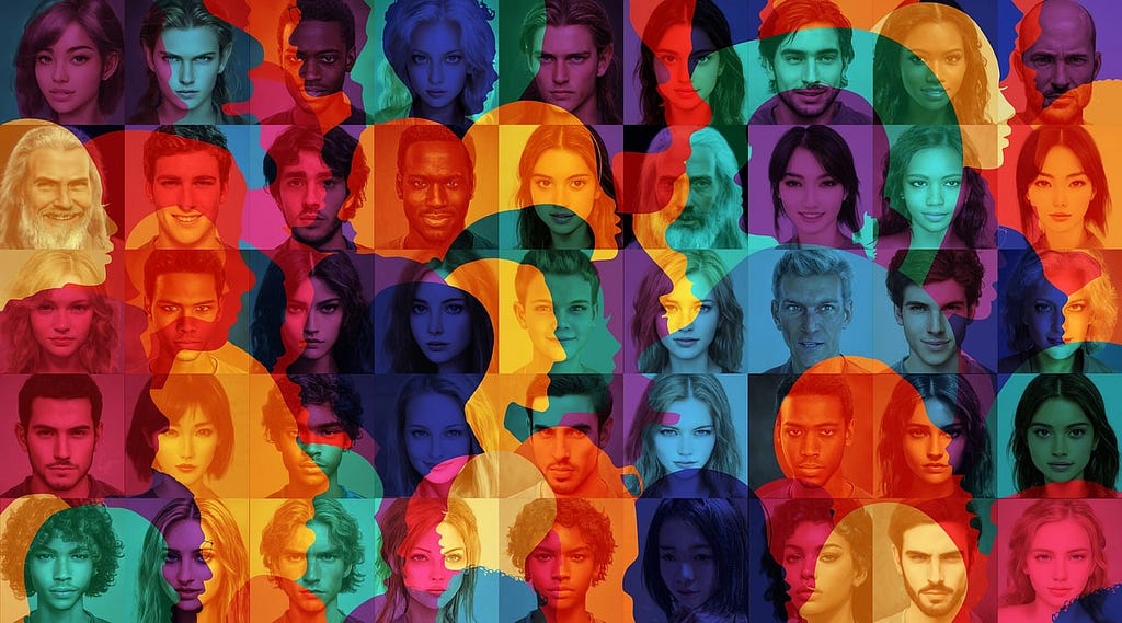 Portrait photos of people of different genders and skin tones are placed in five rows of nine pictures each. A multicolored transparent graphic of several faces in profile is superimposed over the portraits.