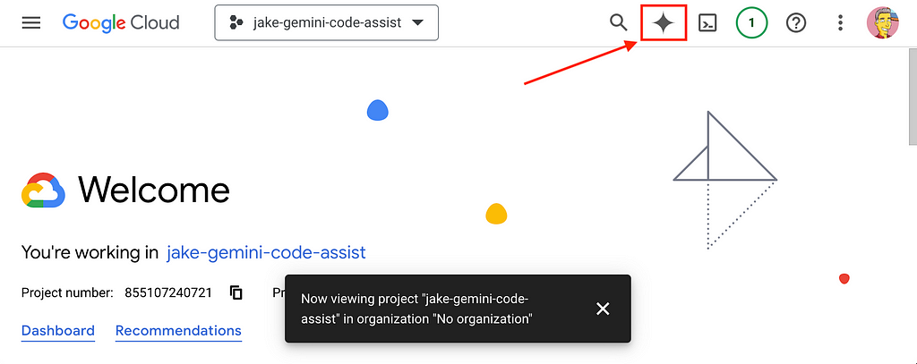 Top navigation menu of Google Cloud console with the 4-sided star Gemini logo outlined in red and a red arrow.