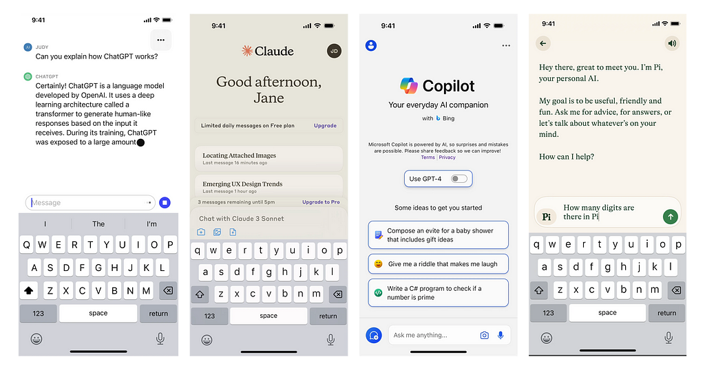 4 UI Screens in order, ChatGPT, Claude.ai, Microsoft Copilot and Pi