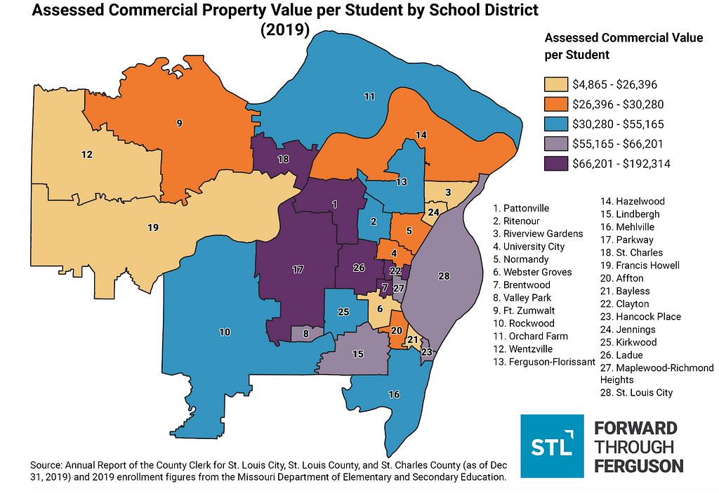 Assess Commercial Property Value per Student by School District (2019)