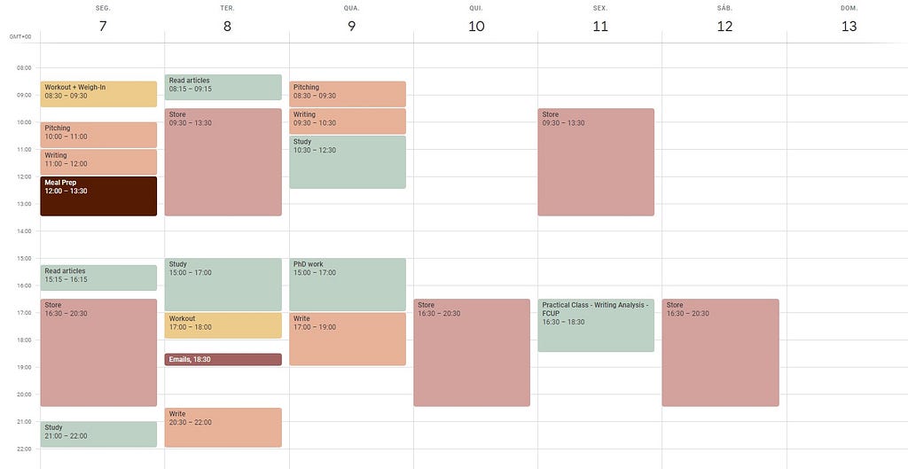 Calendar sheet from Google Calendar with color coordinated weekly plans.