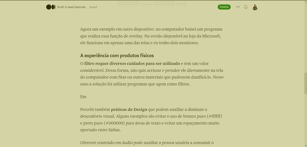 Captura de tela da página de edição de texto do medium na qual foi aplicada uma camada de cor amarela com baixa opacidade
