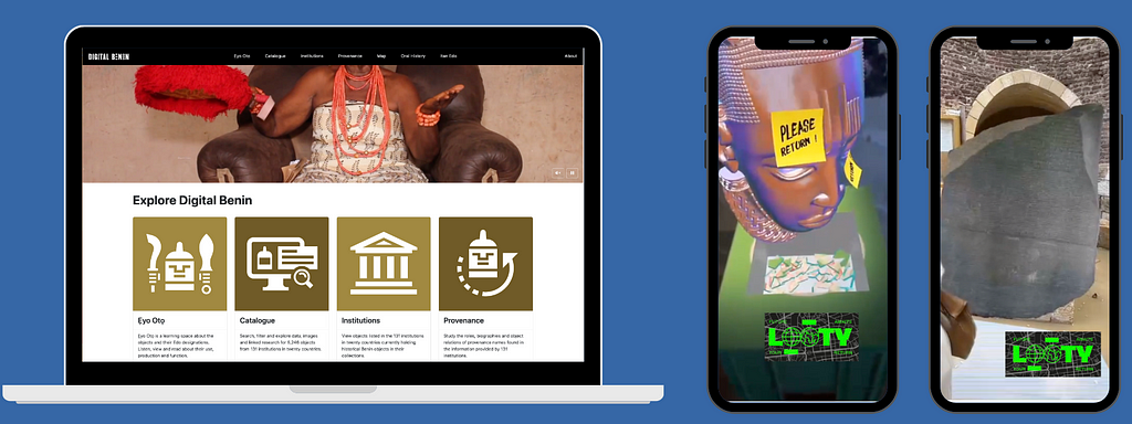 deux images: à guache un ordinateur portable montrant la page d’accueil du projet Digital bénin et à droite deux smartphone montrant des images en réalité augmentée une tête en bronze et la pierre de Rosette .