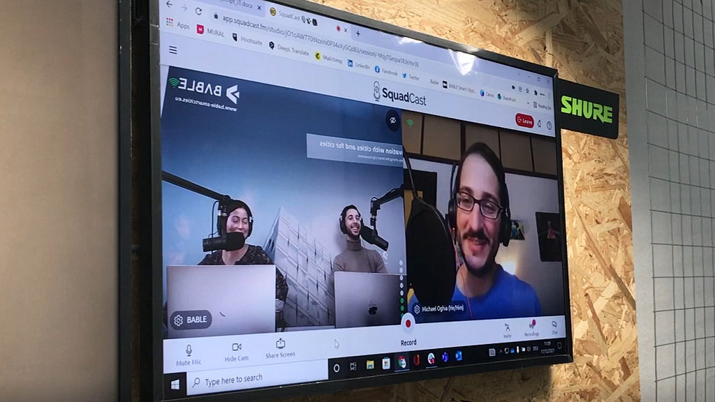 Picture of a screen showing a Squadcast session with 3 people