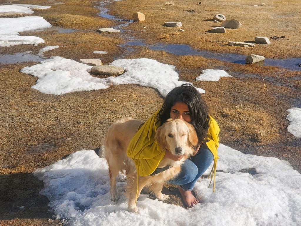 My pet golden retriever dog Alzu and I on a two month vacation in Leh
