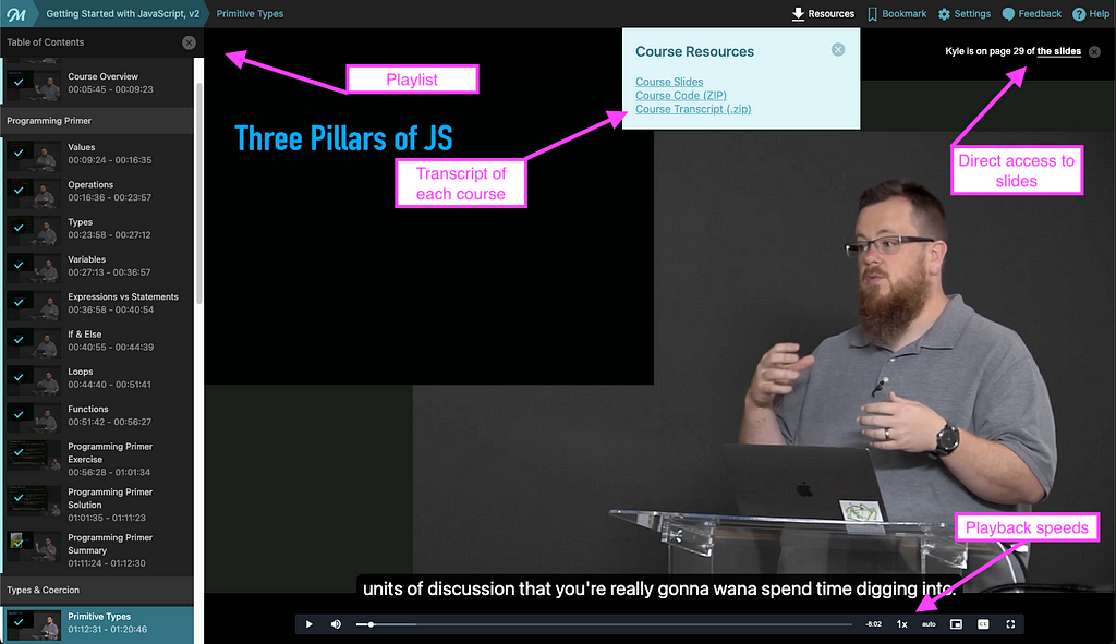 Screenshot of Getting Started with JS course by Kyle Simpson