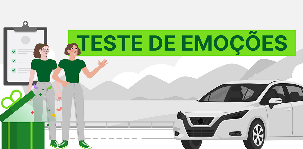 Ilustração de um carro na estrada com duas mulhers, uma caixa com confete e uma prancheta. Uma das mulheres sinaliza para o título "Teste de Emoções"