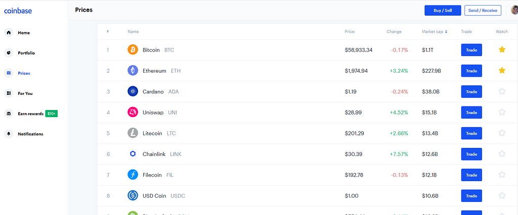 Prices page on Coinbase