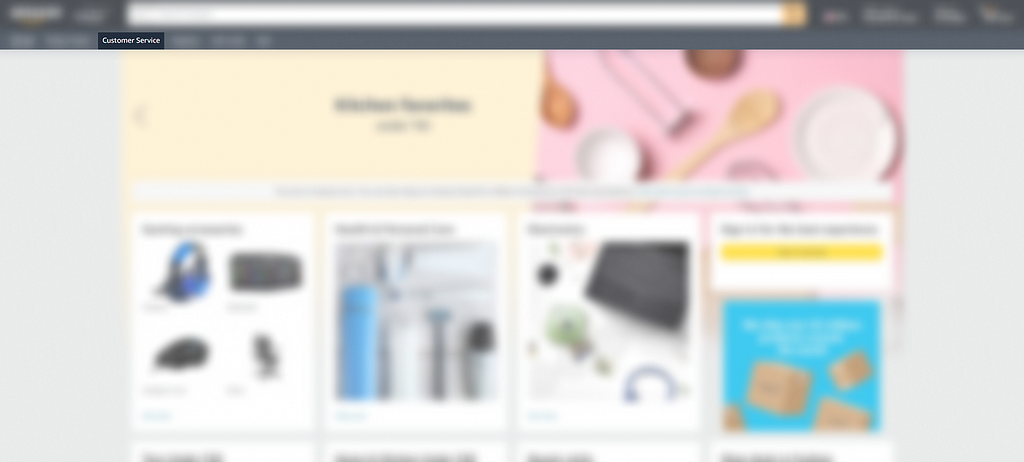 The image shows Amazon website home page with focus on Customer Service menu option.