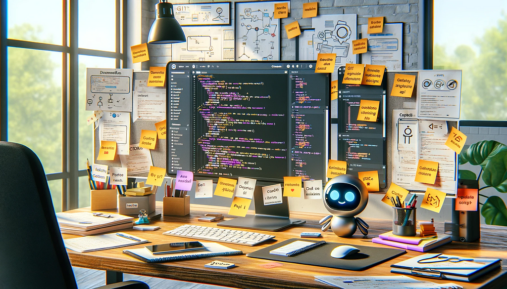 A software programmers office desk with numerous sticky notes stuck to a monitor, desk and wall. There’s a small robot sitting on the top of the desk. There’s a software IDE open on the screen.