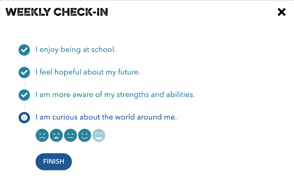 Image is a survey that shows an example of a “weekly check-in” survey students can take. Example questions are shown, including an emoji-rating scale of smiley faces.