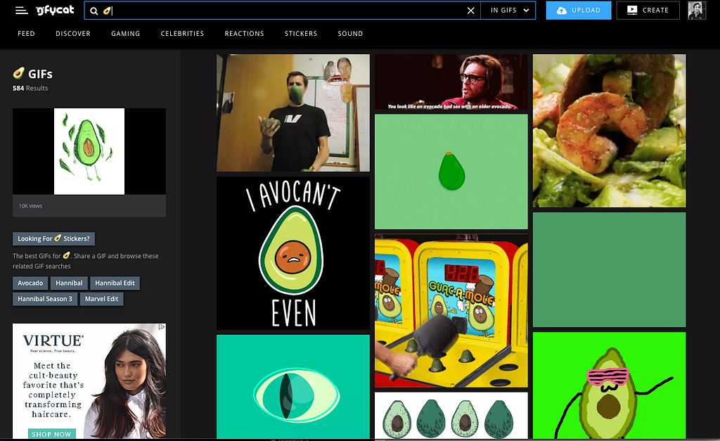 GIF search results for the avocado emoji.