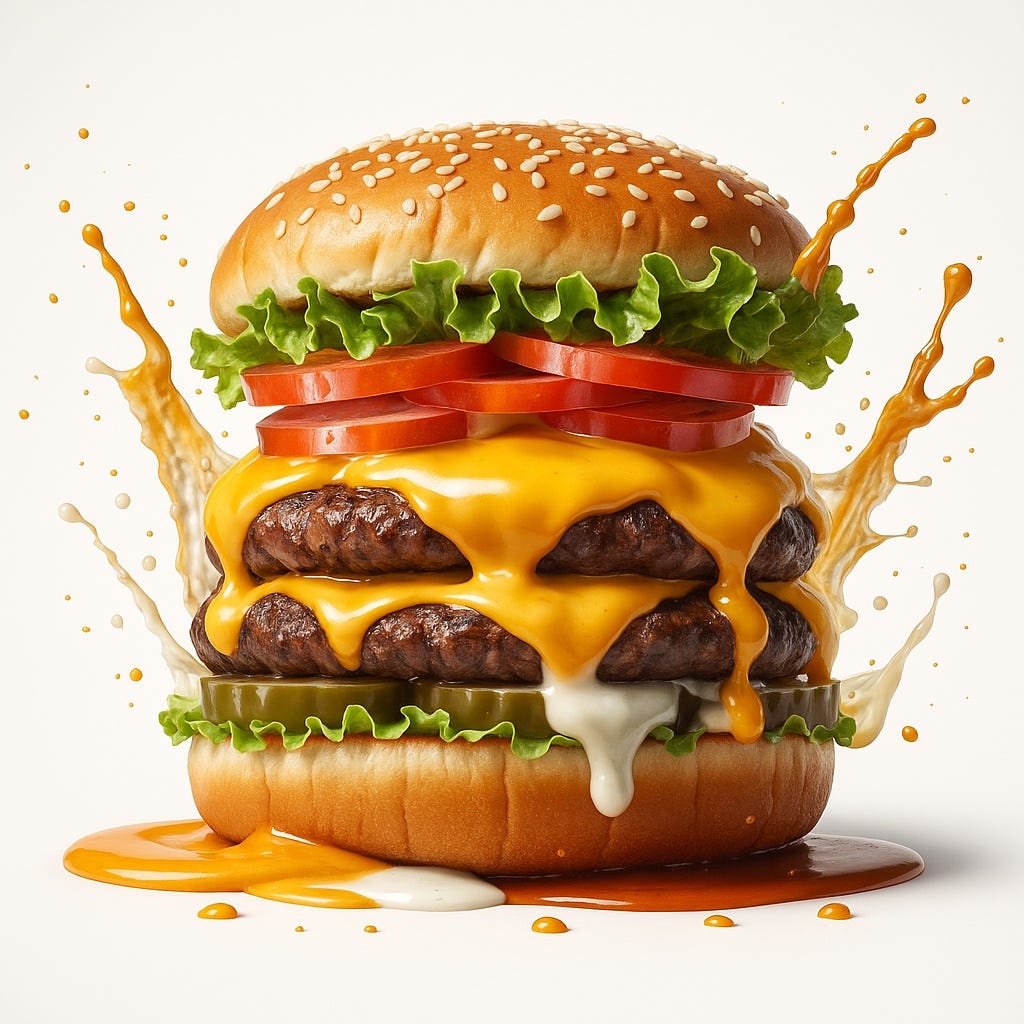 Large cheeseburger with dripping cheese and splattering sauces.