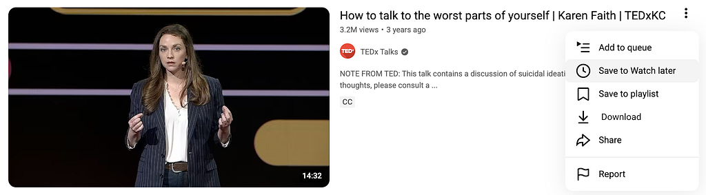 A screenshot of a Youtube video thumbnail. The overflow menu shows different options, including a “Save for Watch Later” option