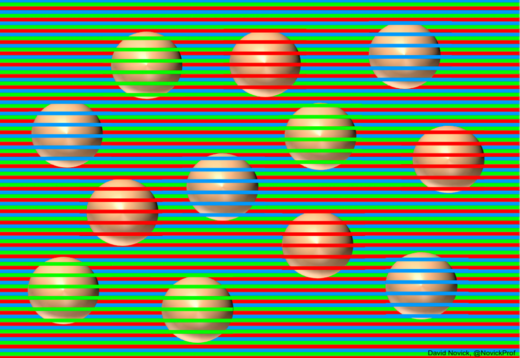 Imagem com fundo composto por listras nas cores vermelha, azul e verde. Várias bolas amarelas estão sobre o fundo. Em cada bola, uma cor de linha fica sobreposta a ela. Acontece uma ilusão em que a cor da bola se assemelha à cor da linha que passa sobre ela.