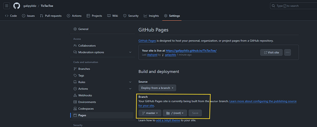 Github Pages repository settings