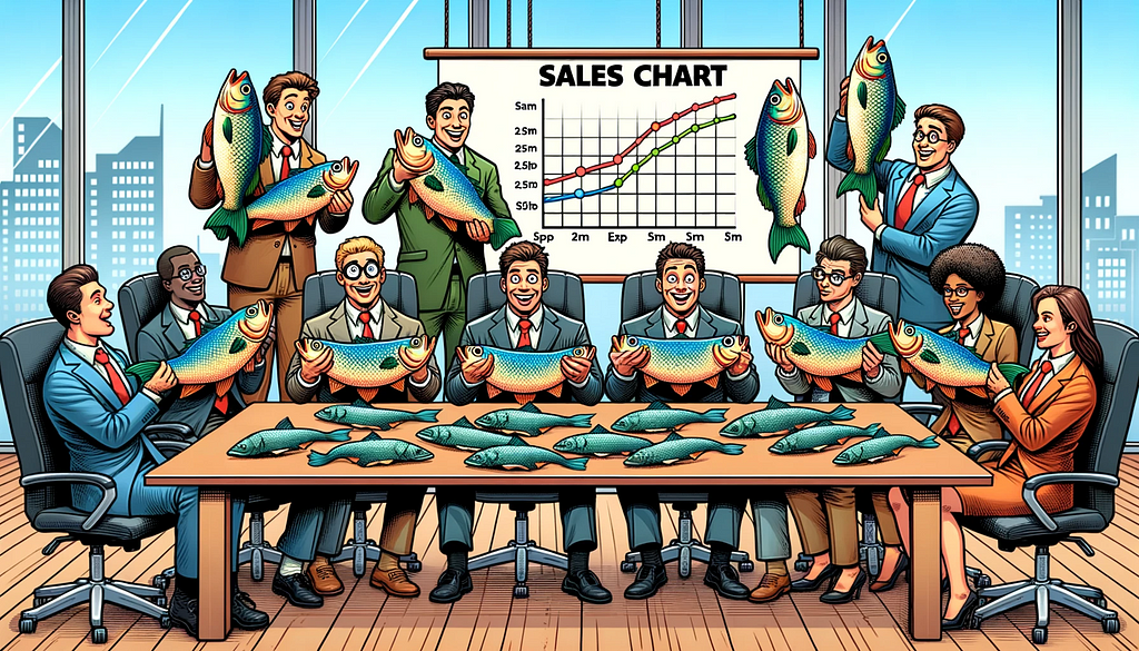 Comic scene in a corporate boardroom where salespersons of different descents proudly display their fish on the table. Some have large fish, while others have small ones, but all are trying to exaggerate the size of their catch. A sales chart in the background humorously plots fish sizes.