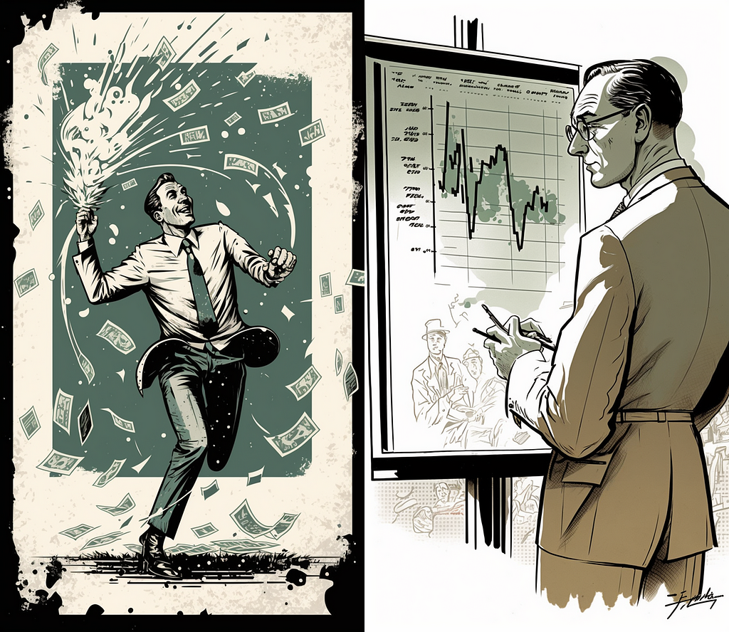 Stylized contrast of a man running through money and another analyzing graphs