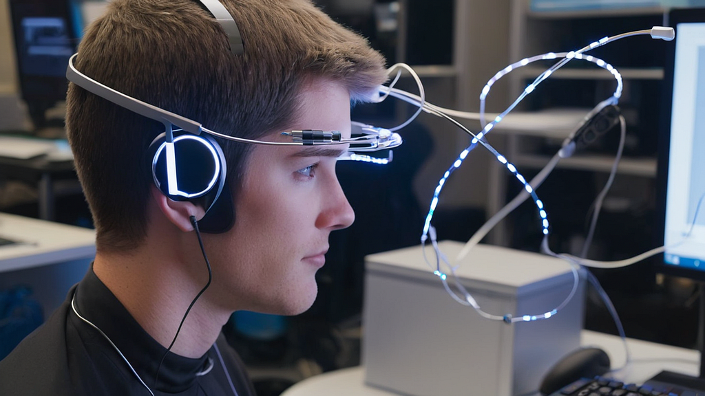 A person wearing a sleek, silver BCI headset with glowing electrodes focused on a computer screen.