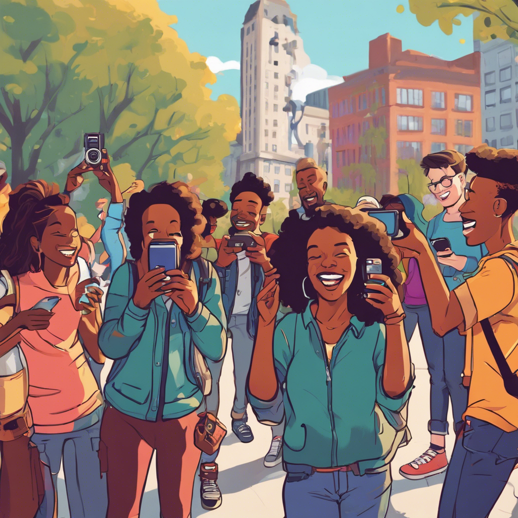 A group of people, each holding a smartphone or camera, capturing moments and experiences. They’re gathered in an urban setting, perhaps a bustling city street or a vibrant community park. In the foreground, you see individuals laughing, chatting, and snapping photos, while in the background, iconic landmarks or colorful street art add depth to the scene.