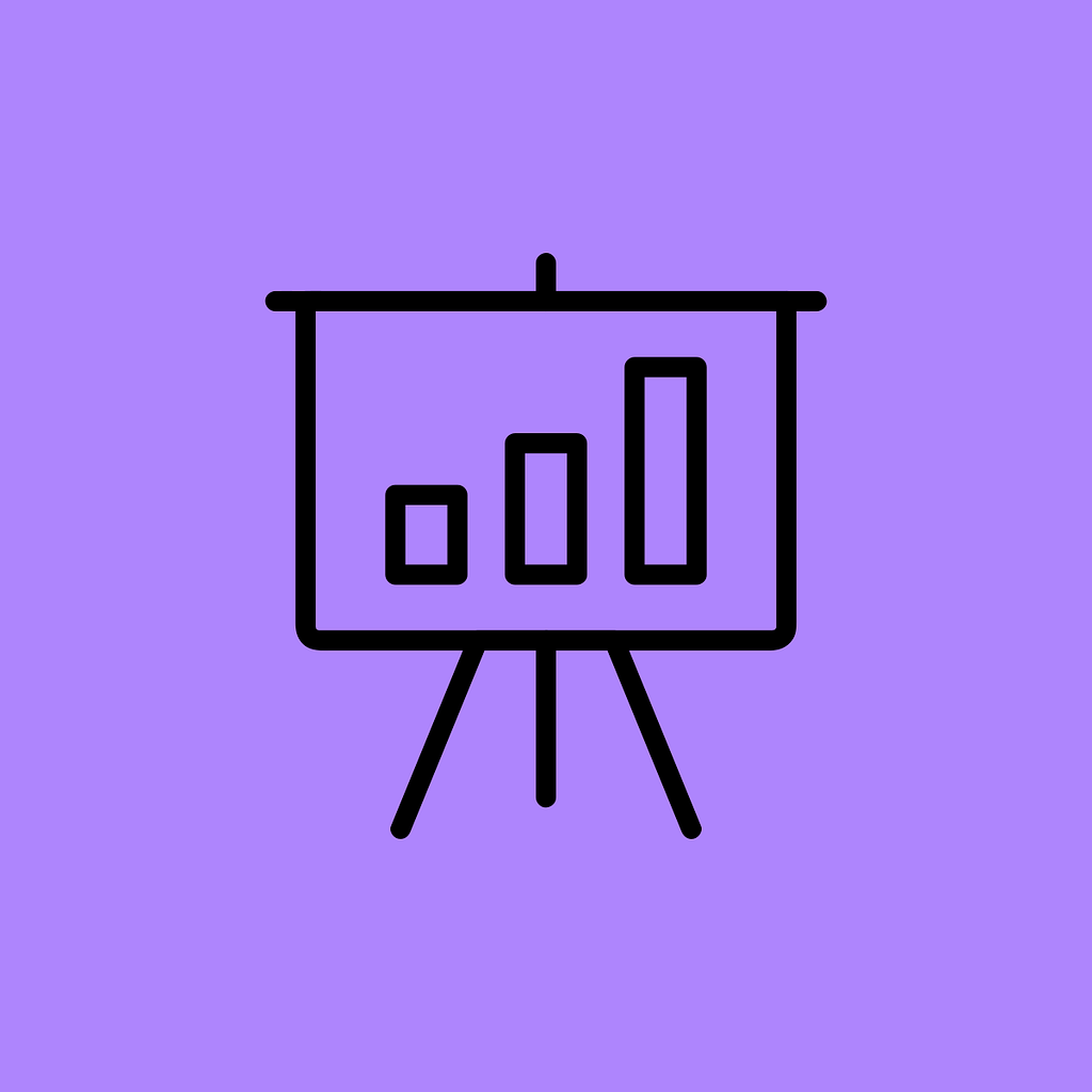 An illustration of a presentation slide on a stand. There are 3 bars on the slide. The background is purple.