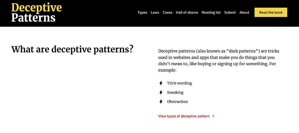 Screenshot of the homepage screen of the Deceptive Patterns platform, a website founded by Harry Brignull with a categorized library to help users recognize deceptive designs.