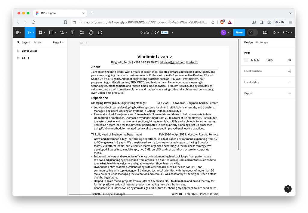 Screenshot of my one-pager CV in Figma