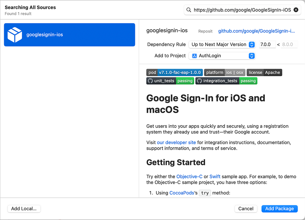 Adding GoogleSignIn-iOS SDK package in Xcode.