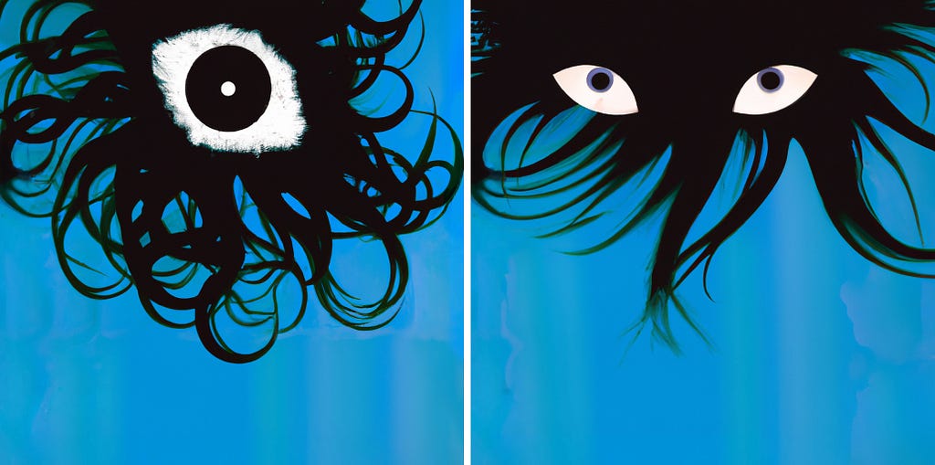 Fanciful illustrations of eyes neslted among black hair against a blue backdrop