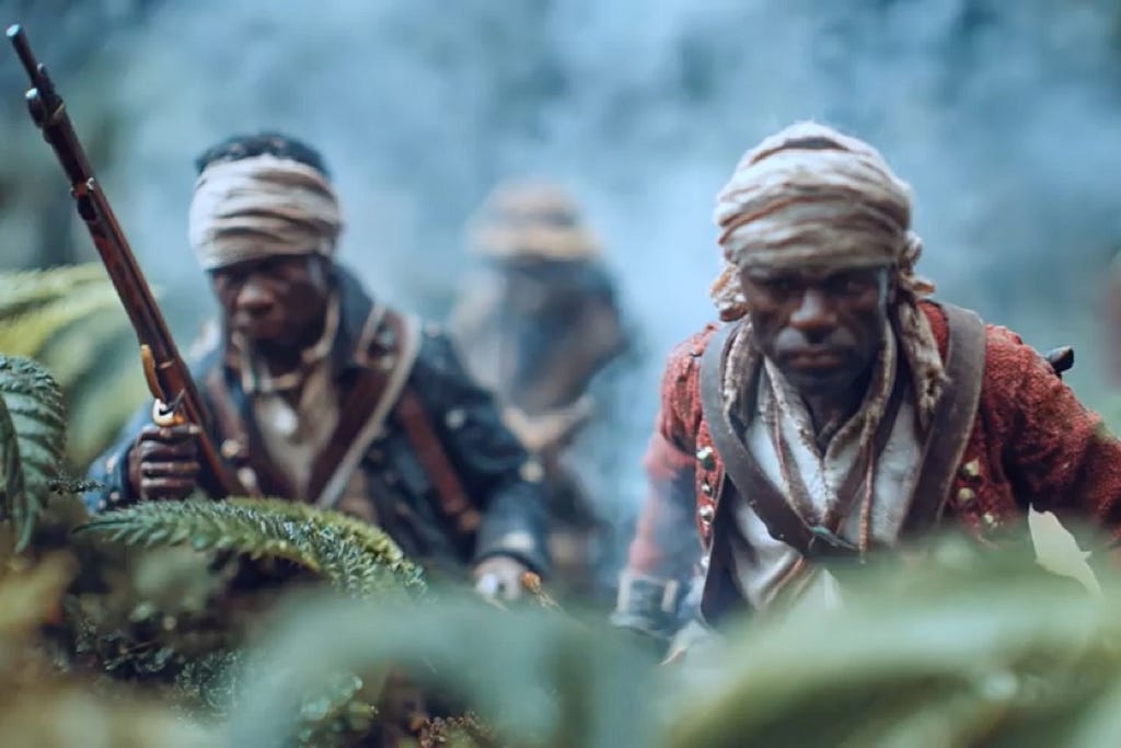 A still from a short film made with AI called The Only Successful Slave Uprising in History — Tilt-Shift style — Three men armed with muskets approach through the overgrown jungle or forest