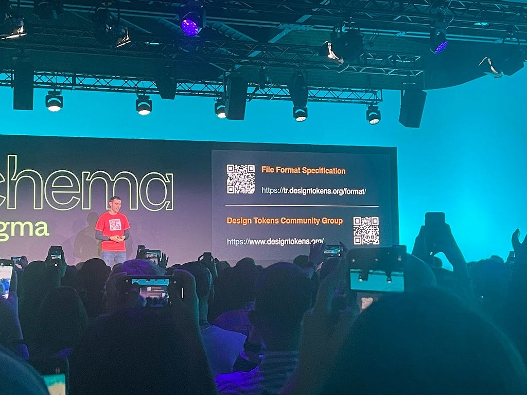 Photo from the audience showing the presenter on the stage. Other audience members can be seen taking photos of the presenter on their phones.