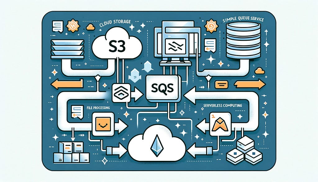 Artwork generated by DALL-E that displays file processing via S3, SQS and Lambda.