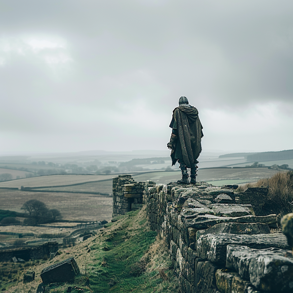 A Roman-British warrior standing on the ruins of a Roman wall (AI)