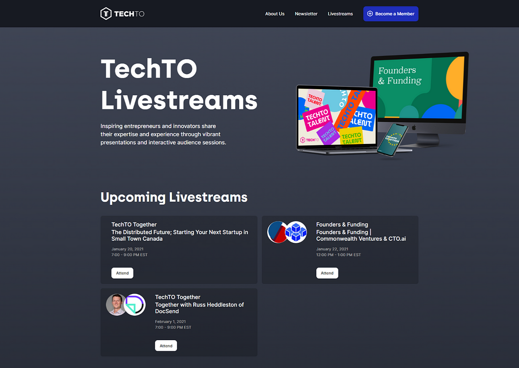 Screenshot of the new website’s “Livestreams” page.
