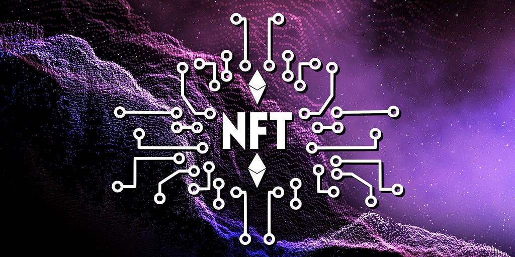 A predominantly purple and violet color scheme, with varying gradients and shades creating depth and visual interest. The image has a strong central focus due to the large, bold “NFT” text and the Ethereum logo above and below it. A digital artwork that represents the concept of NFTs (Non-Fungible Tokens).