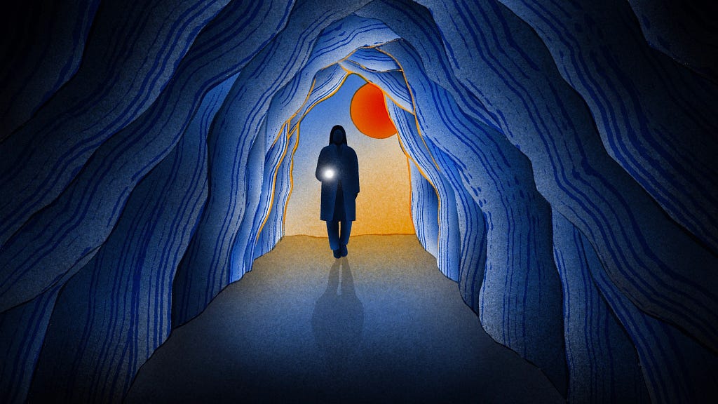 An illustration of a silhouetted woman with a flashlight walking into a cave