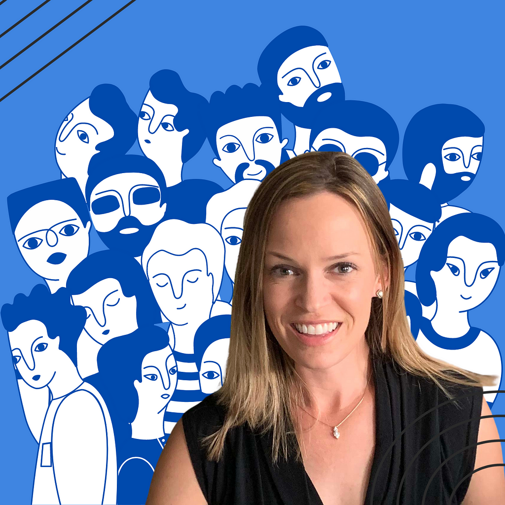 Photo of Wendy Gilch, the founder of Selling Later, in front of a mural of blue faces.