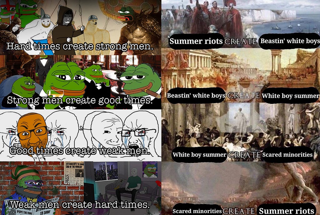 Two hateful Hard Times, Strong Men memes. One depicts Pepes, an appropriated white supremacist symbol, and attacks Soyjaks. The other invokes “White Boy Summer”, a memetic white supremacist catchphrase, and targets unspecified minorities.