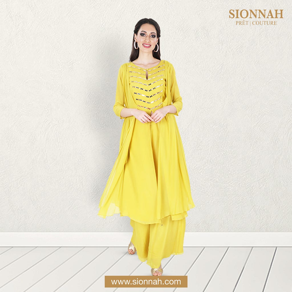 Buy latest women Indian Ethnic Yellow kurti or kurta for haldi function by Sionnah. latest kurti designs set with palazzo.