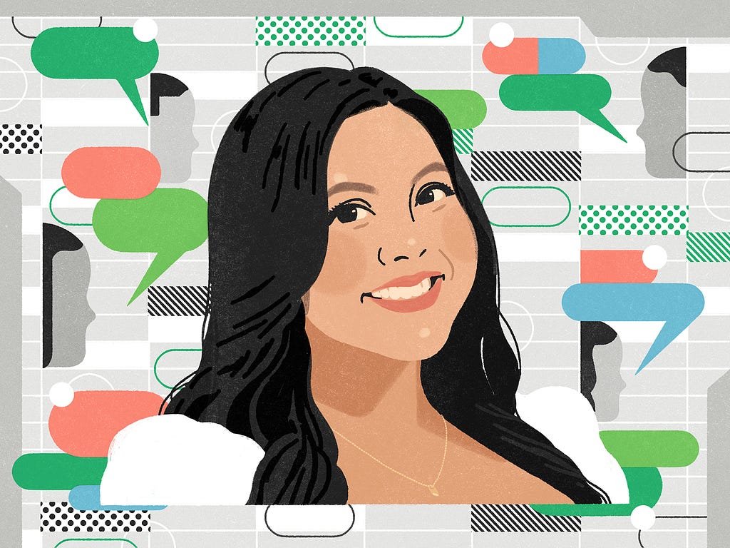 A digital illustration of an Asian woman with long dark hair and wearing a white blouse. She’s centered on a grey and white (spreadsheet-like) background, with randomly placed, grey-and-black stylized profiles of people, alongside speech bubbles in shades of green, peach, and blue.