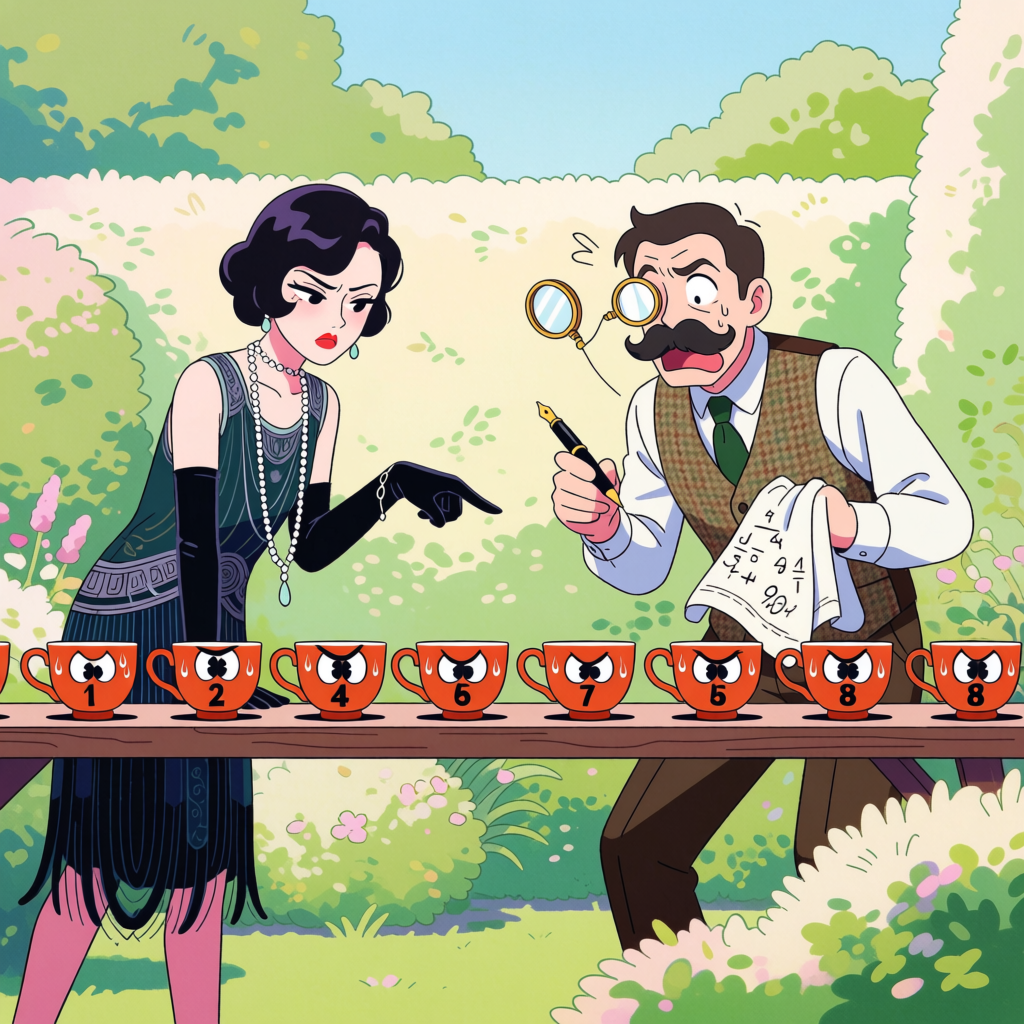 Cartoon of the lady tasting tea experiment with Ronald Fisher, the origin story of hypothesis testing and the p-value explained for beginners