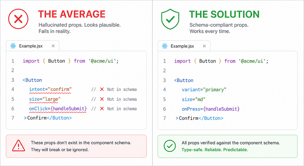 From plausible to production-ready: schema-grounded code replaces hallucinated props with verified, type-safe components.