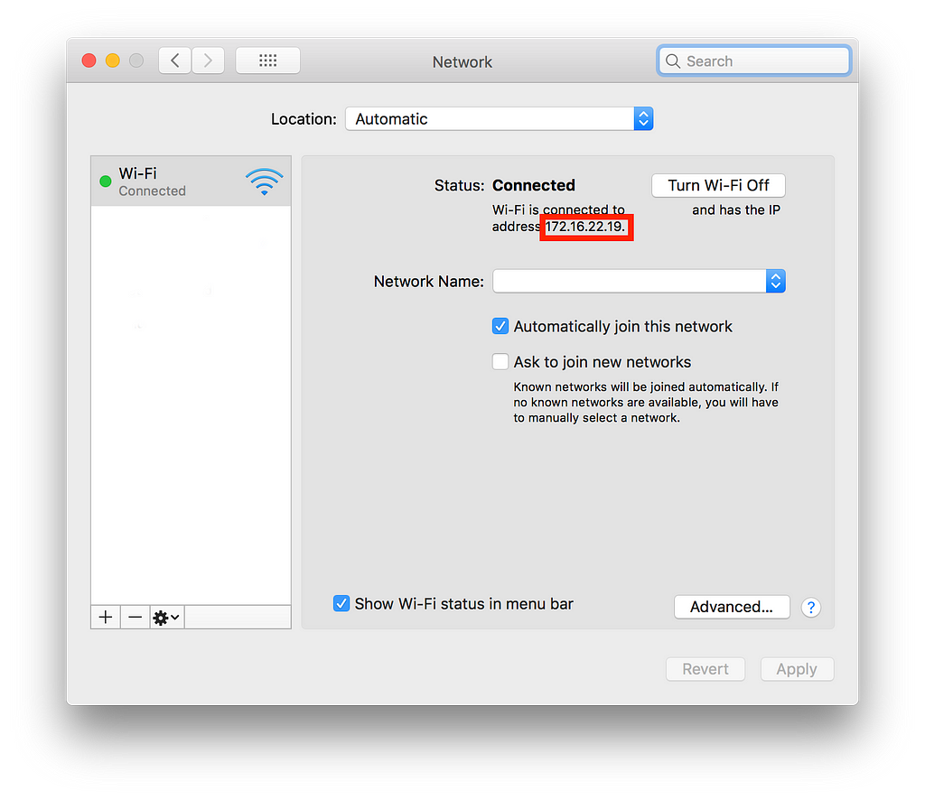 The Mac OS network settings menu. It will display your host IP address.