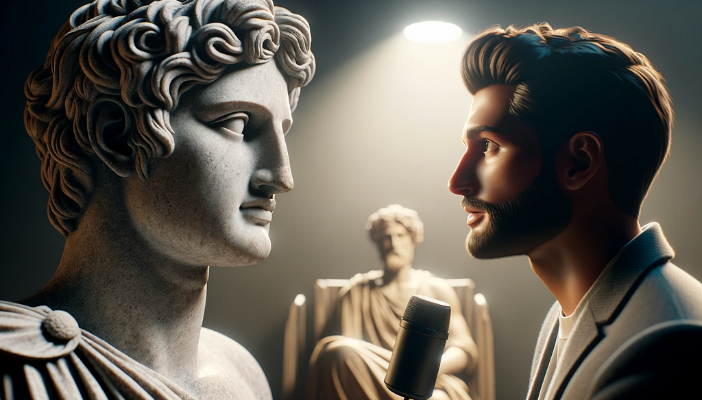 A imagem é uma alusão de uma estatua grega participando de um talkshow, representanto a reflexão que o texto aborda.