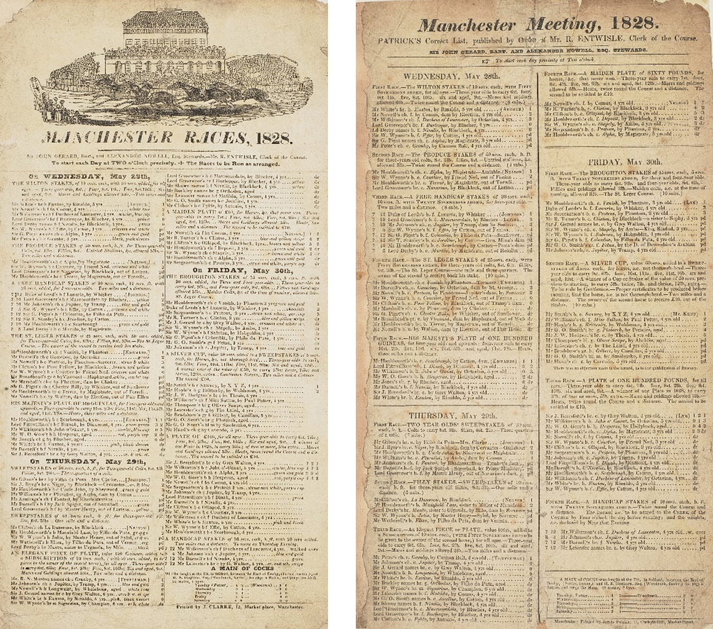 Two adjacent race-bills, one with woodcut at head showing packed pavilion and five racing horses. Each printed in two columns