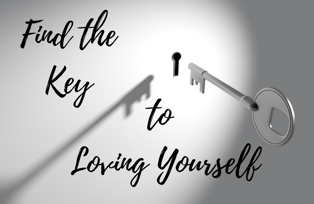 a key going in a key hole with words Find the Key to loving yourself