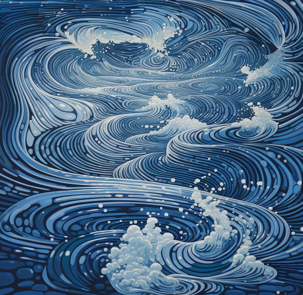 An illustration showing waves and currents in the sea