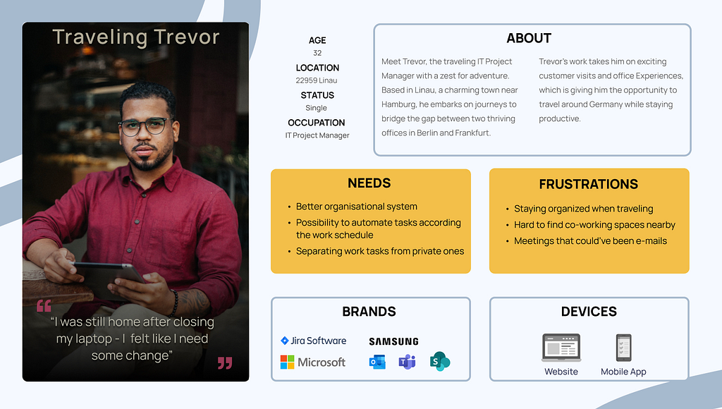 Traveling Trevor, our primary user persona, is an IT Project Manager who works remotely while traveling as part of his job. He needs better organisation system and would benefit from automation feature.